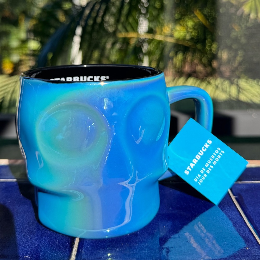 New Starbucks 2025 Halloween Blue Oil Slick Skull Ceramic Mug